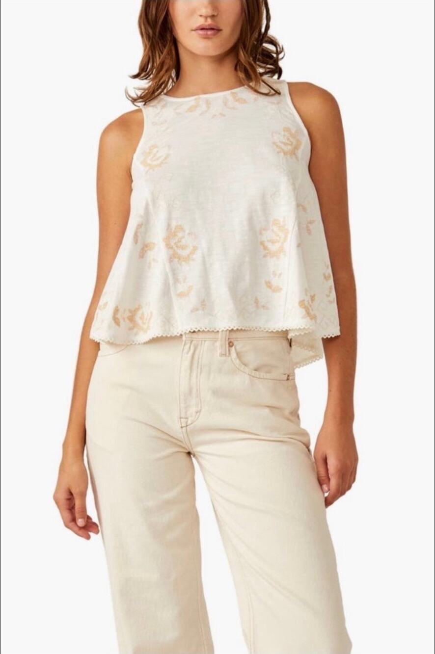Free People Embroidered Cotton Top White Keyhole Sleeveless S/P
